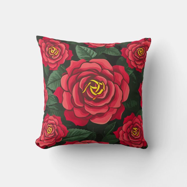 Elegant Red Roses with Lush Green Leaves Pattern Cushion (Front)