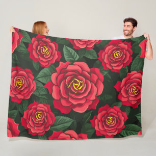 Elegant Red Roses with Lush Green Leaves Pattern Fleece Blanket