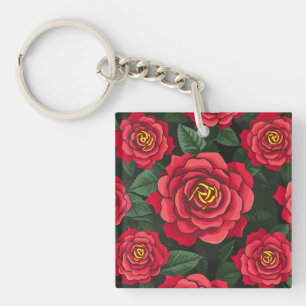 Elegant Red Roses with Lush Green Leaves Pattern Key Ring