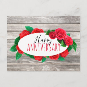 Elegant Red Roses Wreath on Wood Happy Anniversary Postcard