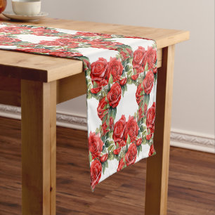 Elegant Red Roses Wreaths Table Runner