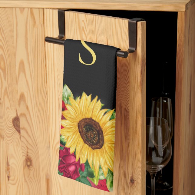 Elegant Red Roses Yellow Sunflowers Black Monogram Tea Towel (Thirds Fold)
