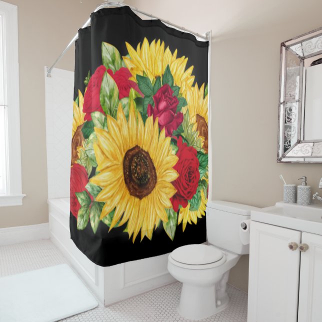 Elegant Red Roses Yellow Sunflowers Black  Shower Curtain (In Situ)