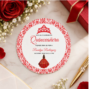 Elegant Red Royal Quinceañera Classic Round Sticker