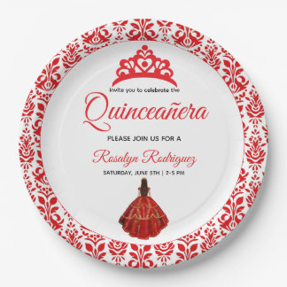 Elegant Red Royal Quinceañera Paper Plate