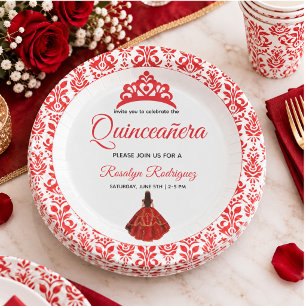 Elegant Red Royal Quinceañera Paper Plate