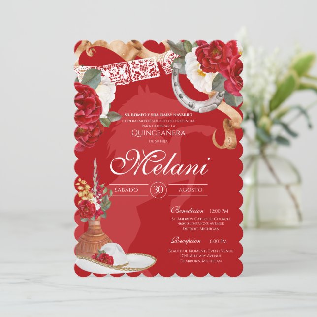 Elegant Red Rustic Wild Rose Charro Quinceanera Invitation (Standing Front)