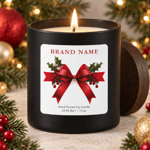 Elegant Red Satin Bow and Holly Christmas Candle Square Sticker