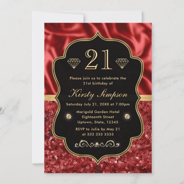 Elegant Red Satin & Glitter Gold Frame Birthday Invitation (Front)
