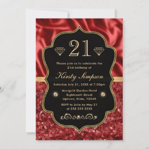 Elegant Red Satin & Glitter Gold Frame Birthday Invitation