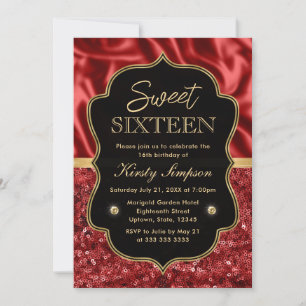 Elegant Red Satin & Glitter Gold Frame Sweet 16 Invitation