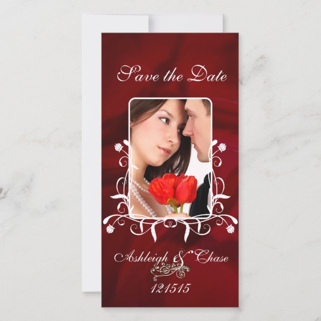 Elegant Red Satin Photo Save the Dat Date (Front)