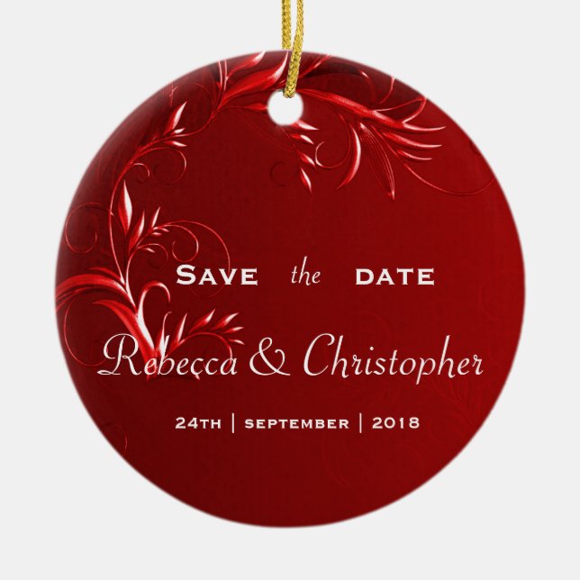 Elegant Red Save the Date Ceramic Tree Decoration (Front)