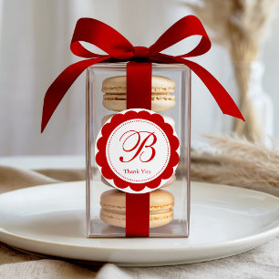 Elegant Red Scalloped Monogram Thank you Classic Round Sticker