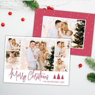 Elegant Red Script 5 Photo Collage Christmas Card