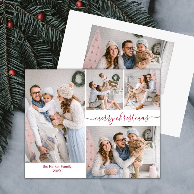 Elegant Red Script 5 Photo Collage Christmas Cards (Creator Uploaded)