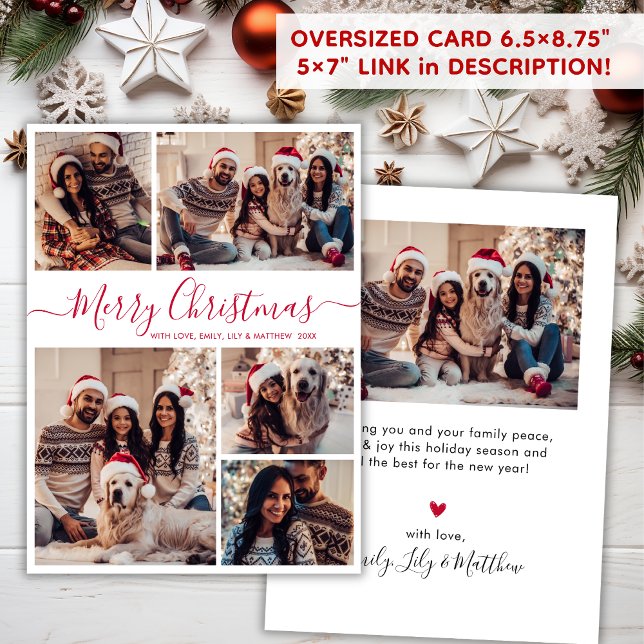 Elegant Red Script 5 Photo Collage Christmas  Holiday Card (Creator Uploaded)