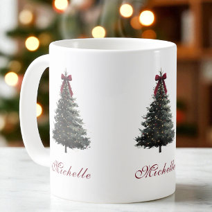 Elegant Red Script Bow Watercolor Christmas Tree Coffee Mug