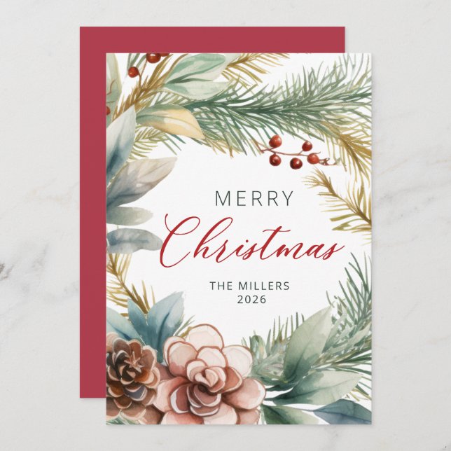 Elegant Red Script Greenery Wreath Christmas  Holiday Card (Front/Back)