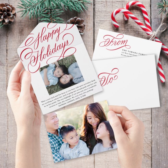 Elegant Red Script Happy Holiday Photo Card (Creator Uploaded)