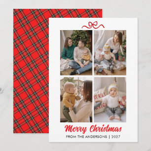 Elegant Red Script Merry Christmas 4 Photo Collage Holiday Card