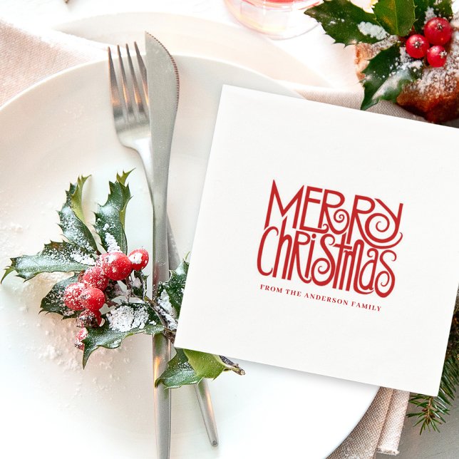 Elegant Red Script Merry Christmas Custom Napkin (Creator Uploaded)