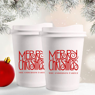 Elegant Red Script Merry Christmas Custom Paper Cups