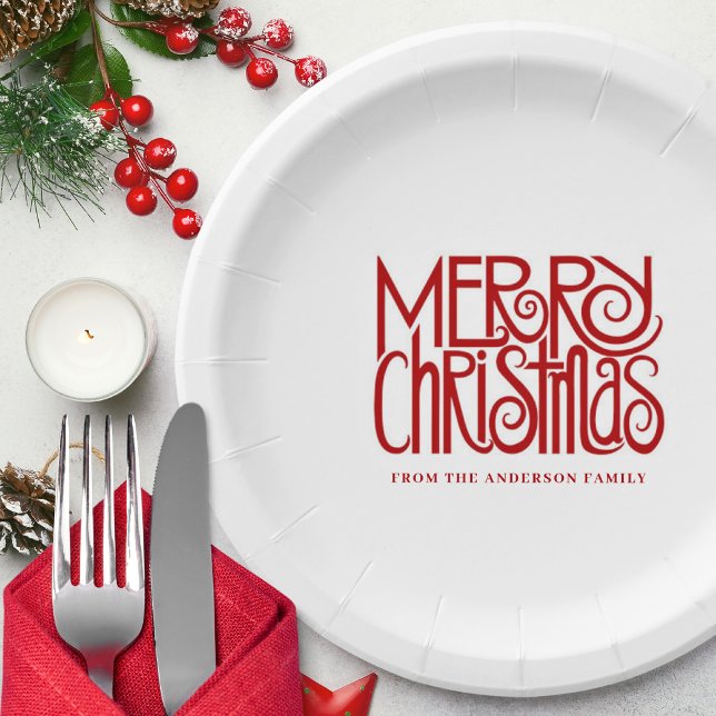 Elegant Red Script Merry Christmas Custom Paper Plate (Creator Uploaded)