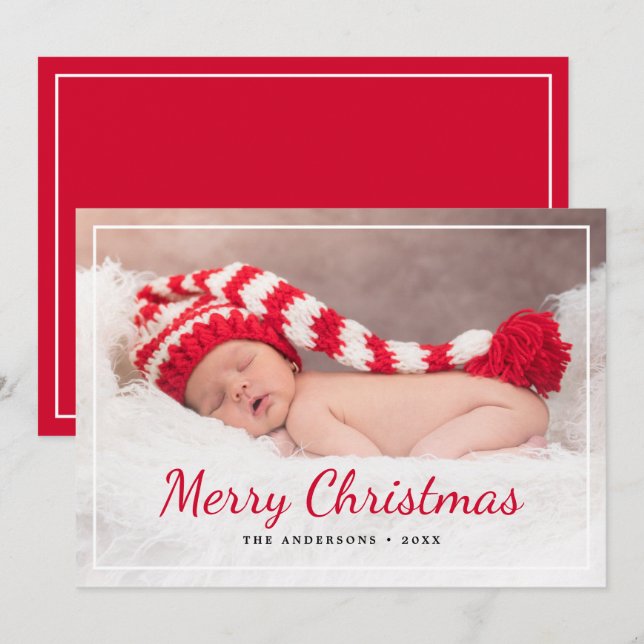 Elegant Red Script Merry Christmas Custom Photo Holiday Card (Front/Back)