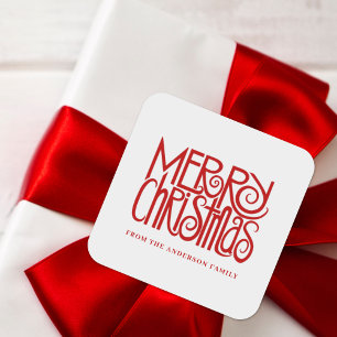 Elegant Red Script Merry Christmas Custom Square Sticker