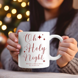Elegant Red Script Oh Holy Night Merry Christmas Mug
