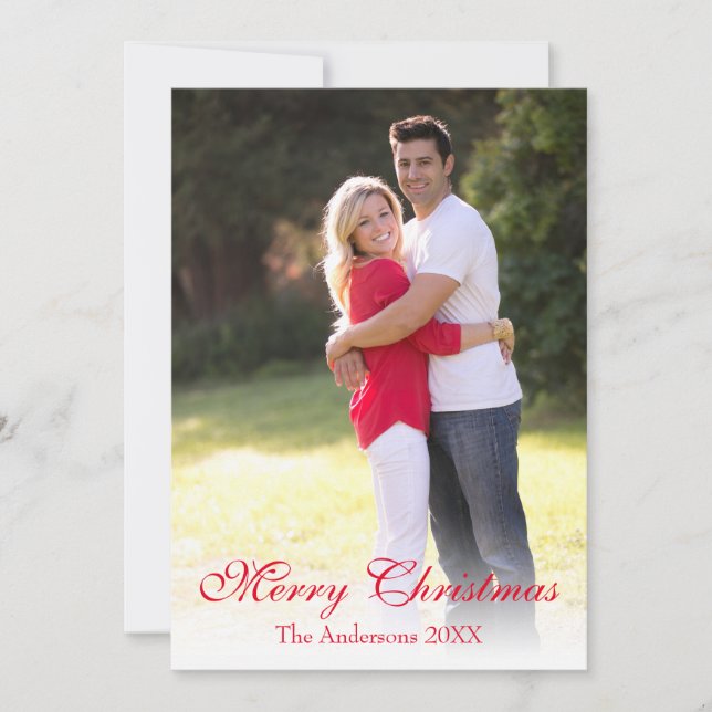 Elegant Red Script Photo Merry Christmas Holiday Card (Front)