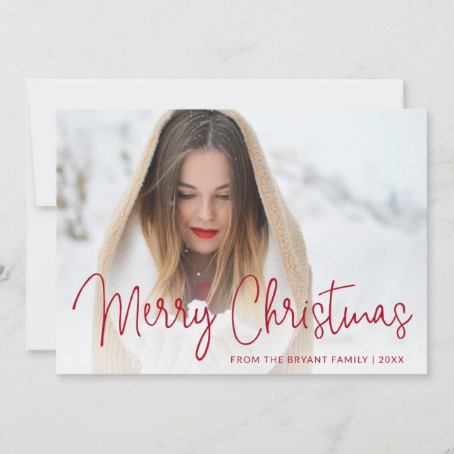 Elegant Red Script Photo Merry Christmas Holiday Card (Front)