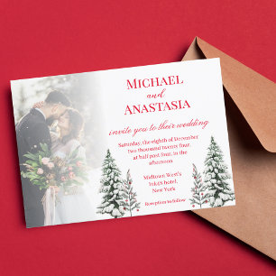 elegant red script pine tree winter wedding photo invitation
