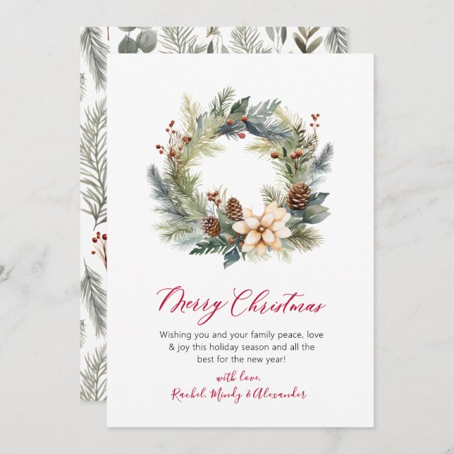 Elegant Red Script Wreath Greenery Christmas Card (Front/Back)