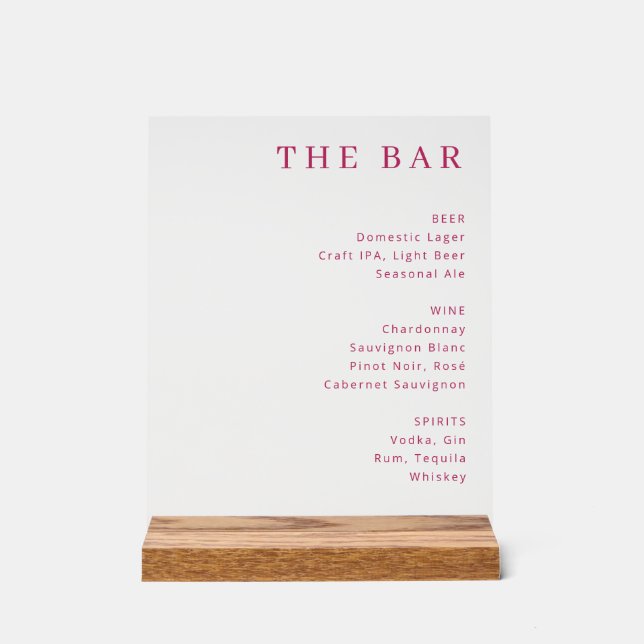Elegant Red Serif Bar Menu Acrylic Sign (Front)