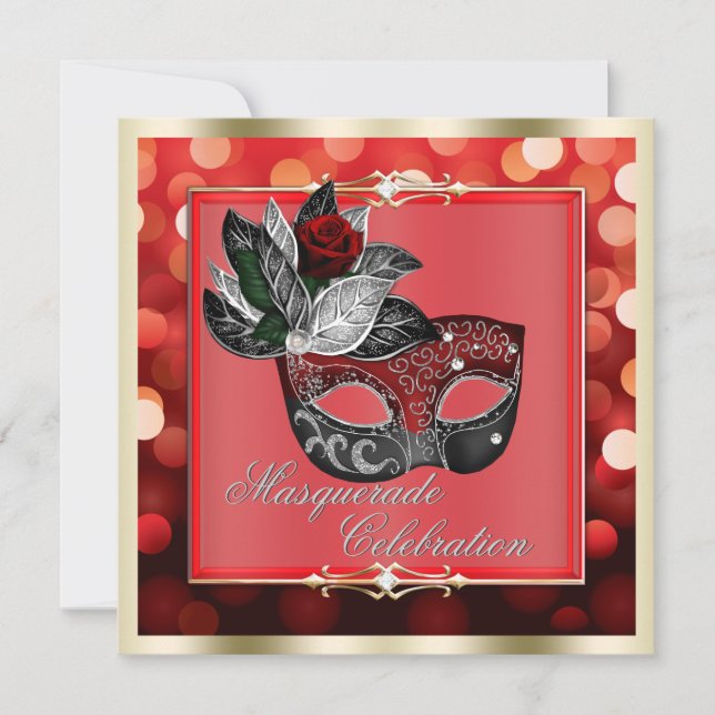 Elegant Red Shimmering Lights Bokeh Masquerade Invitation (Front)