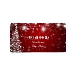 Elegant Red Shimmering Stars Christmas Tree Label