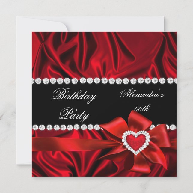 Elegant Red Silk Heart Bow Birthday Party Invitation (Front)