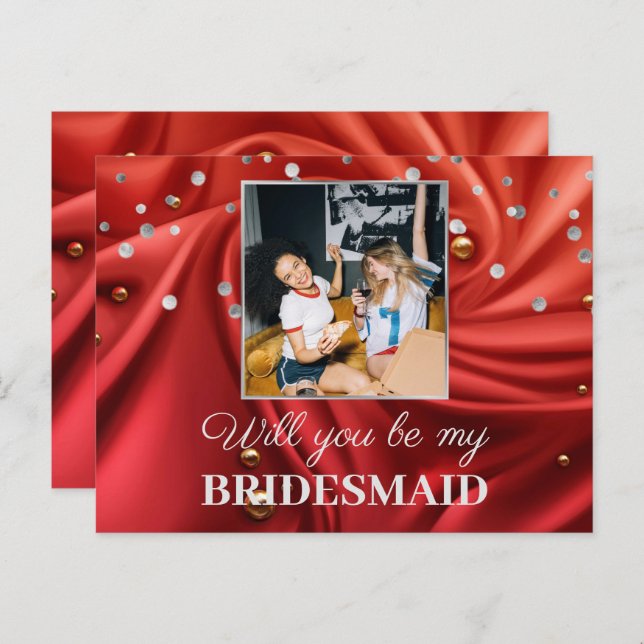 Elegant Red Silky Velvet Will You Be My Bridesmaid Postcard (Front/Back)