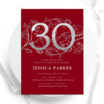Elegant Red Silver 30th Birthday Invitation<br><div class="desc">Elegant red silver 30th birthday party invitation. Customisable modern feminine design featuring roses botanical accents and faux glitter silver. Simple floral invite card perfect for a stylish female bday celebration. Personalise with your own details. Printed Zazzle invitations or instant download digital printable template.</div>