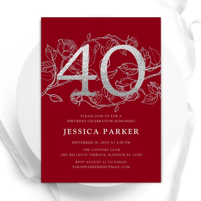 Elegant Red Silver 40th Birthday Invitation (Creator Uploaded)