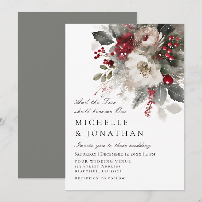 Elegant Red Silver Christmas Christian Wedding Invitation (Front/Back)