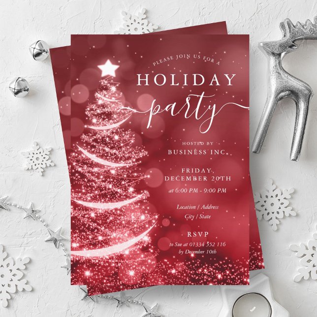 Elegant Red Silver Christmas Tree Company Holiday  Invitation (Elegant Red Silver Christmas Tree Company Holiday Invitation)