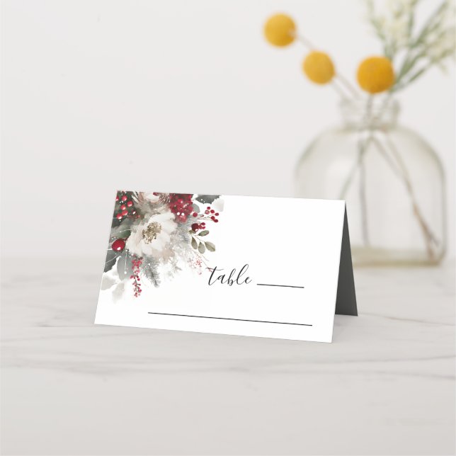 Elegant Red Silver Christmas Winter Floral Wedding Place Card (Front)