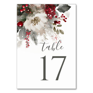 Elegant Red Silver Christmas Winter Floral Wedding Table Number