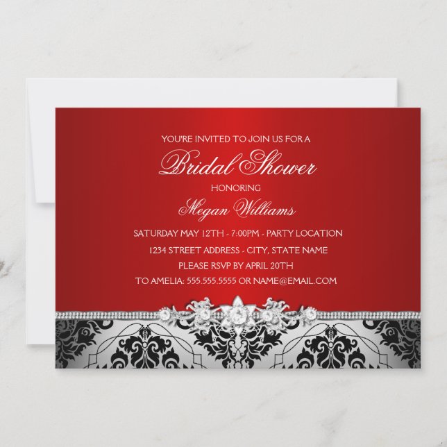 Elegant Red Silver Damask & Jewel Bridal Shower Invitation (Front)