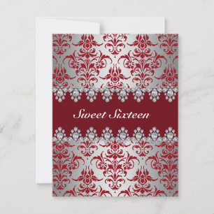 Elegant Red & Silver Damask Sweet16 Invite
