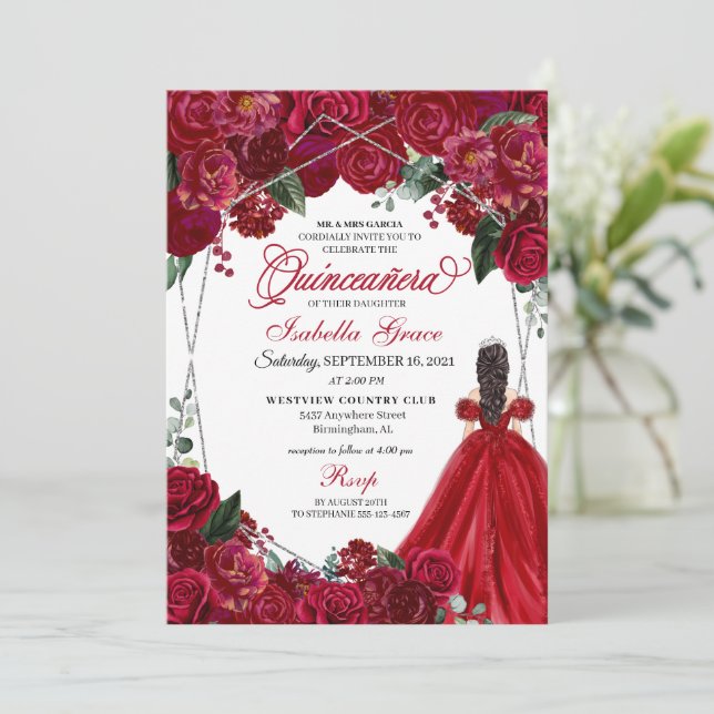 Elegant Red & Silver Floral Quinceanera Birthday I Invitation (Standing Front)