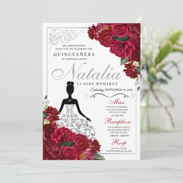 Elegant Red & Silver Floral Quinceanera Birthday Invitation (Standing Front)